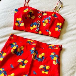 Forever 21 two-piece lemon patterned skirt + crop